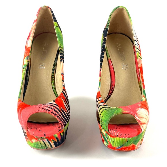 Aldo Tropical Print Hazinski Peep Toe Wedges - Picture 3 of 9